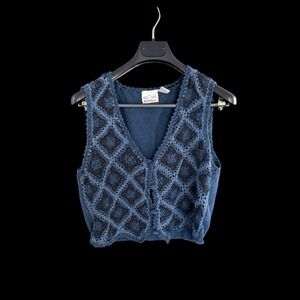 Y2K Denim Republic Blue Crochet Diamond Knit Sweater Vest Baby Doll Large